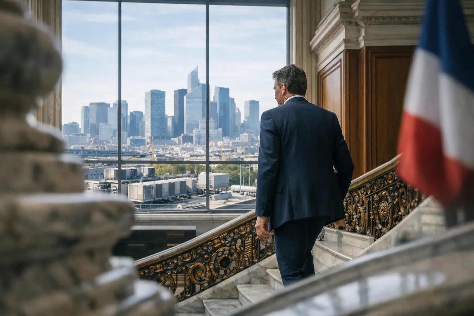Lobby haussmannien, silhouette de DAF, vue sur La Défense et toits de datacenters flous