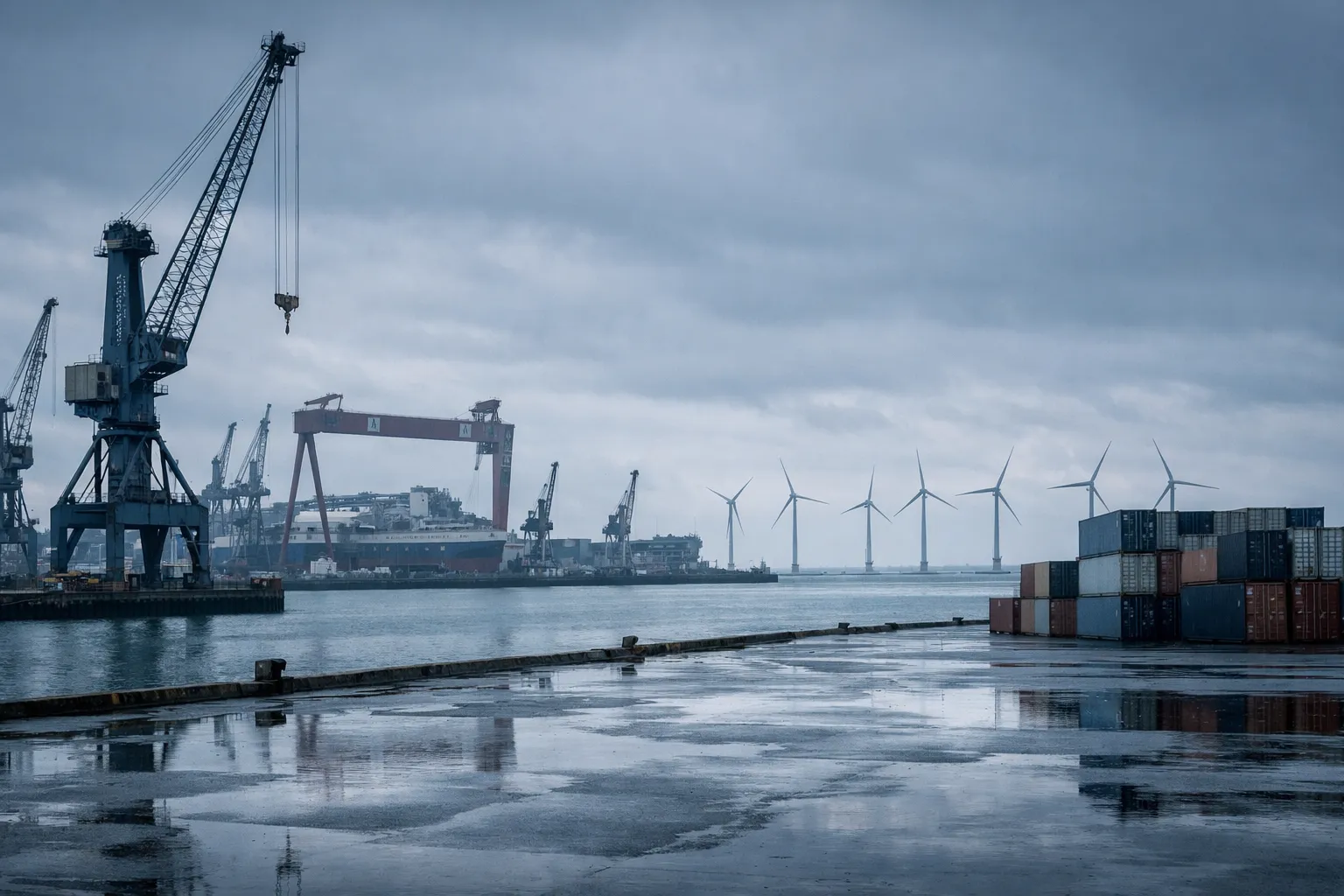 Port industriel des Pays de la Loire avec éoliennes au loin