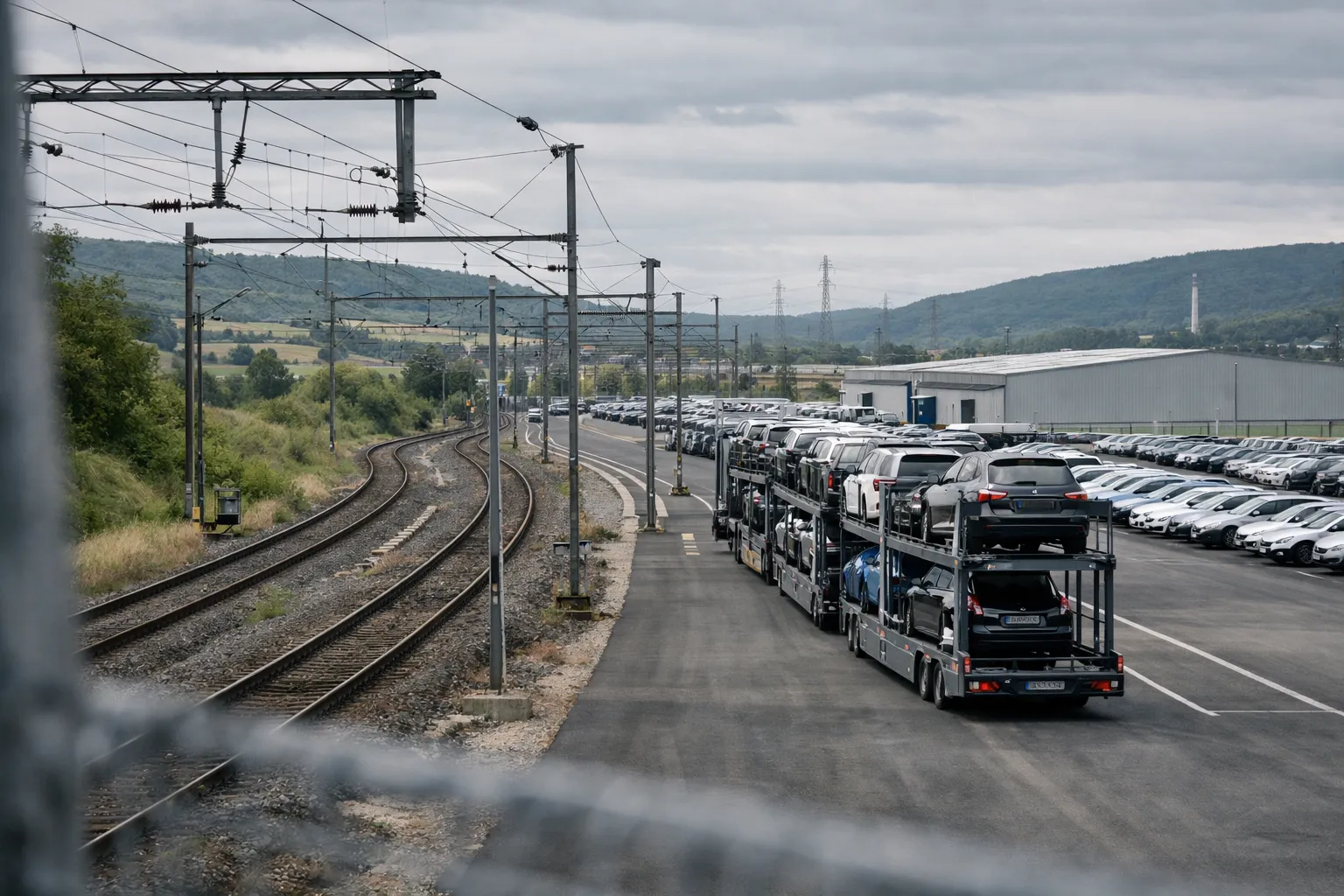 Plateforme auto à Réding avec voies ferrées et camions porte-voitures en Moselle