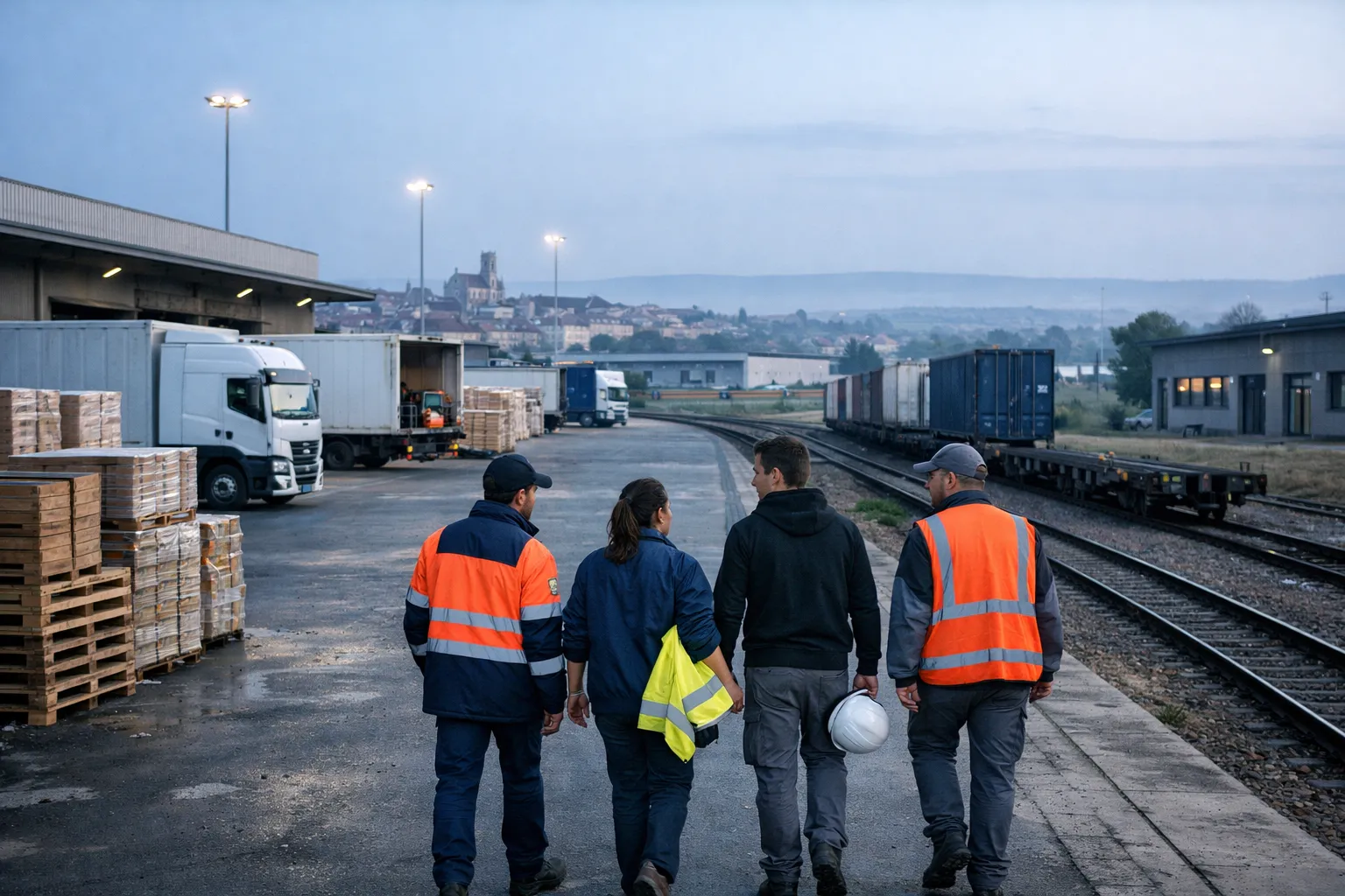 Trainees près d’un quai logistique à Sens, dans un paysage industriel régional