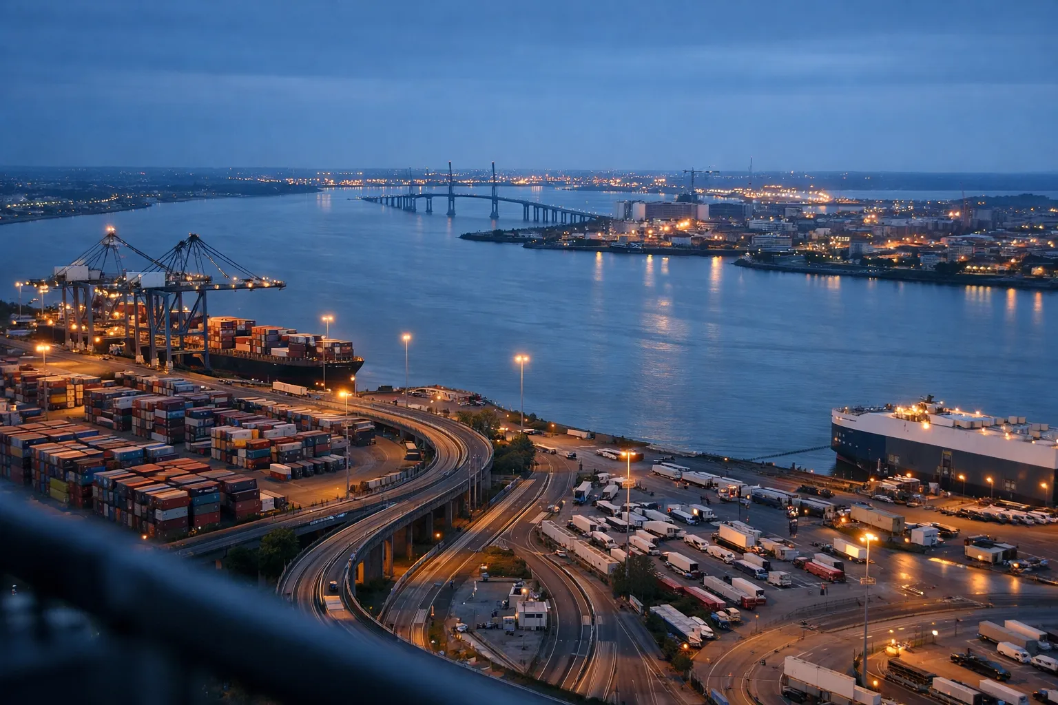 Vue aérienne du port de Nantes-Saint-Nazaire au crépuscule, avec quais et conteneurs