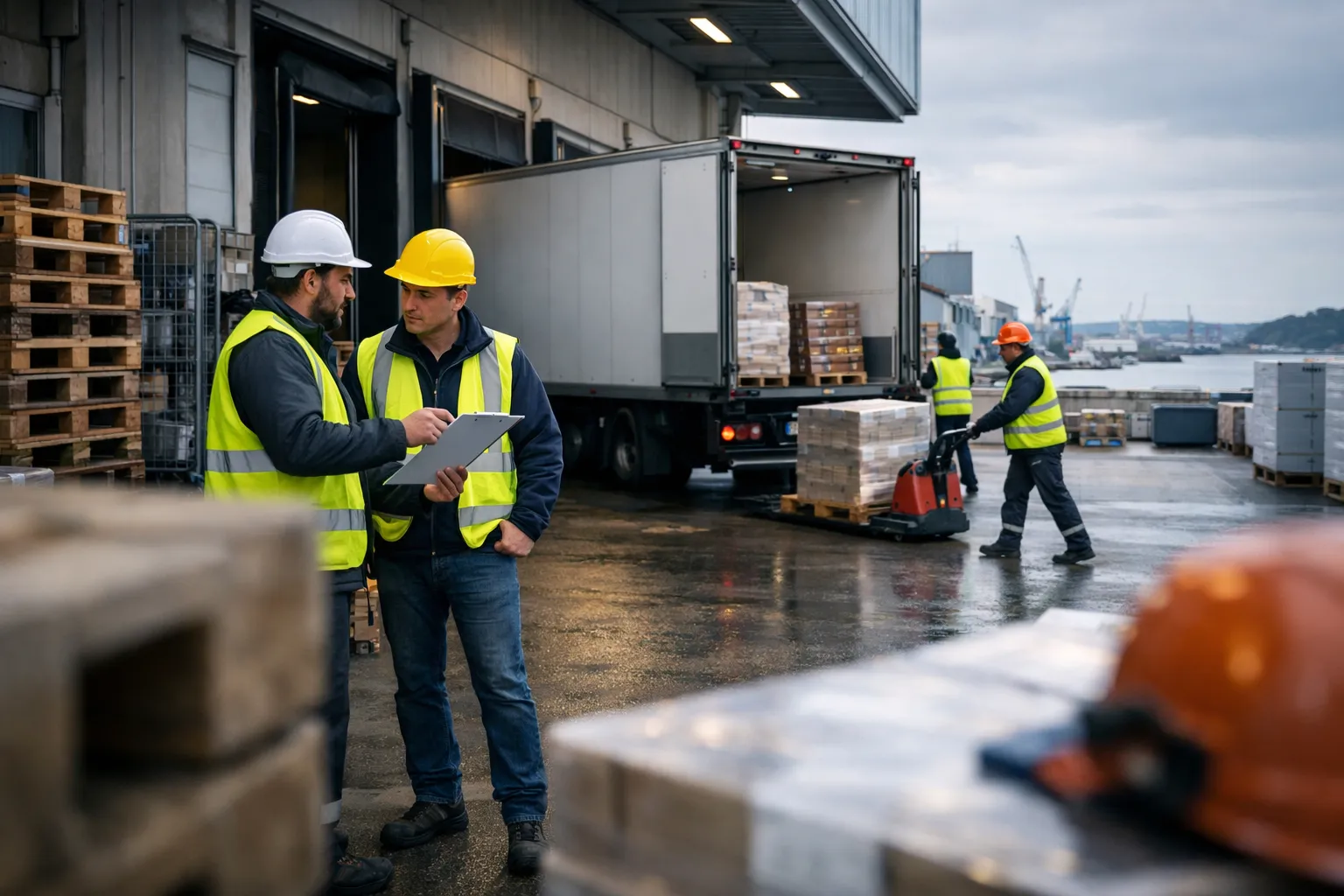 Quai logistique breton avec salariés en gilet fluo et camion frigorifique