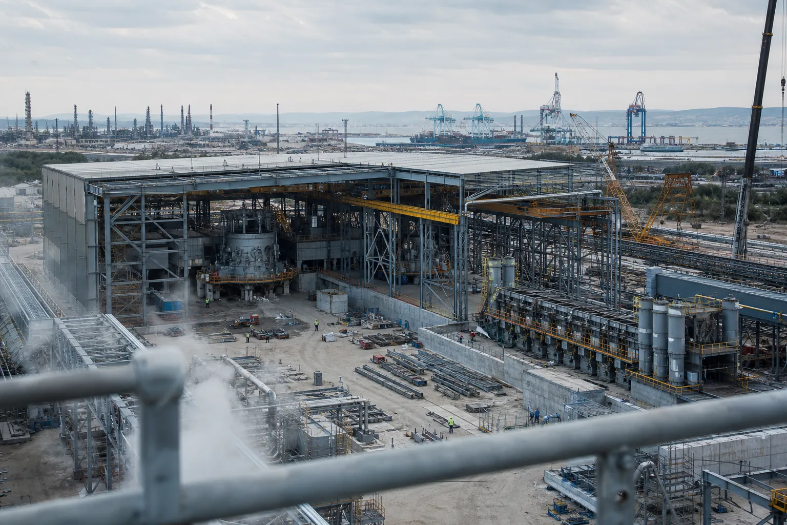 Chantier de la future aciérie électrique Marcegaglia dans le port industriel de Fos-sur-Mer