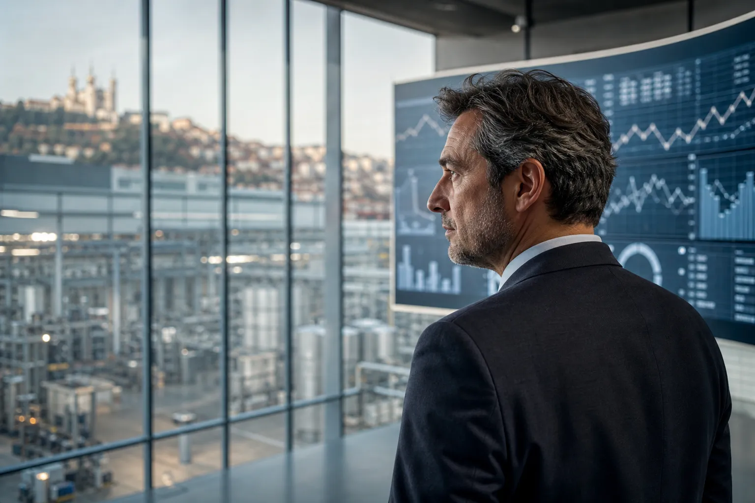 DAF observant des indicateurs abstraits dans un siège industriel lyonnais, avec Fourvière en arrière-plan