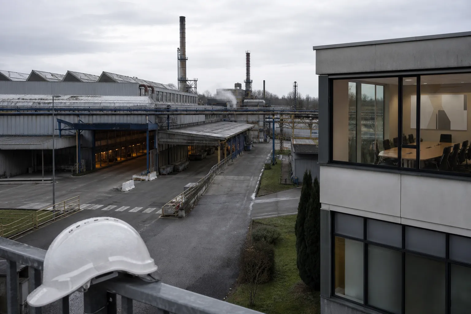 Verrerie industrielle du Centre-Val de Loire sous tension, avec usine et bureau administratif en arrière-plan