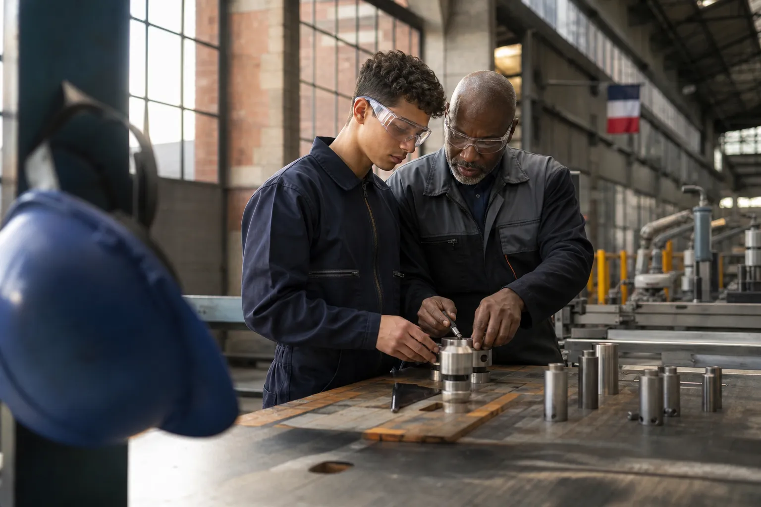 Apprenti et tuteur transmettant un geste technique dans un atelier industriel du Grand Est