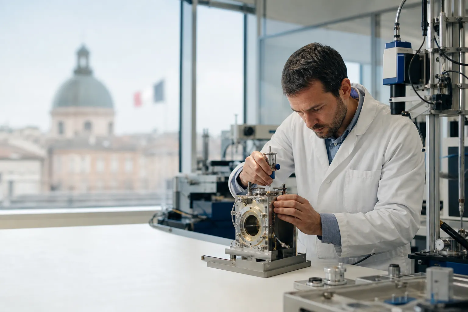 Ingénieur testant un prototype dans un laboratoire industriel de Toulouse