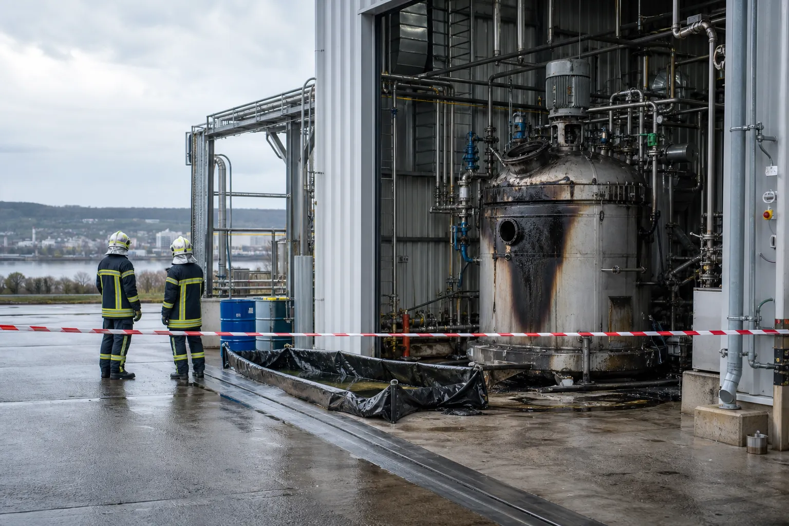 Atelier chimique normand sécurisé après une explosion, avec cuve inox endommagée et pompiers en EPI