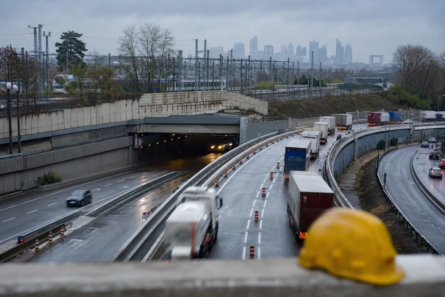 Camions ralentis devant un tunnel autoroutier et un itinéraire de report en Île-de-France