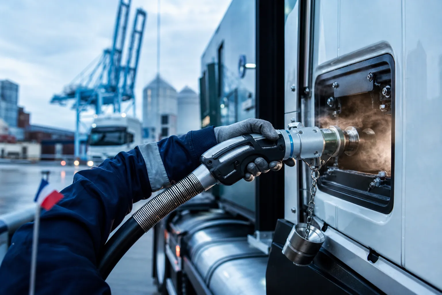 Geste de ravitaillement d’un camion hydrogène dans un environnement portuaire bordelais