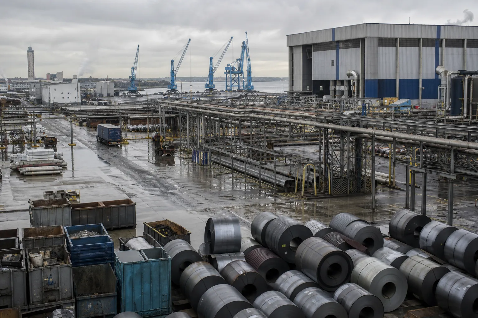 Site industriel normand avec matières premières, usine et grues portuaires au Havre sous ciel couvert