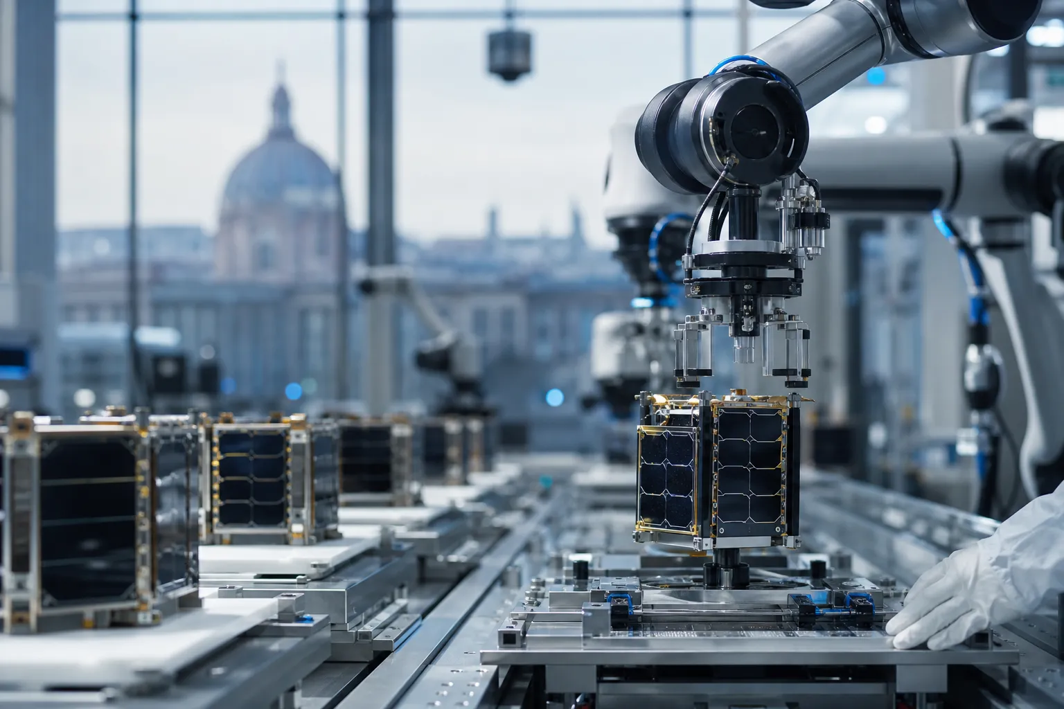 Robot assemblant un composant de satellite sur une ligne industrielle à Toulouse