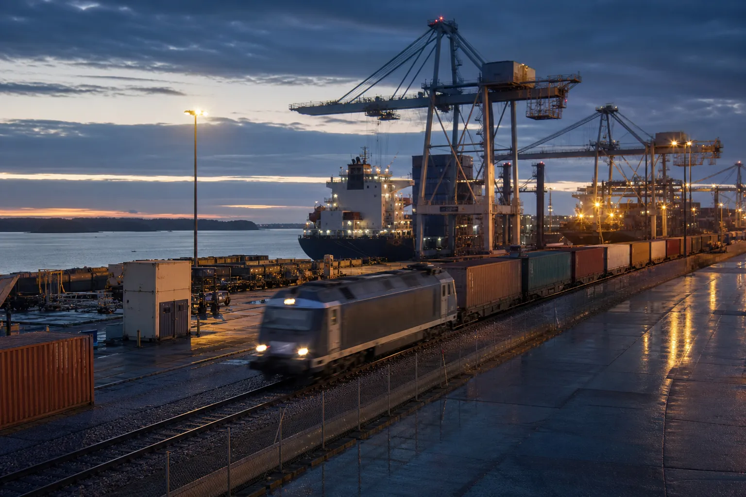 Train de fret longeant les quais d’un port breton sous les grues portuaires