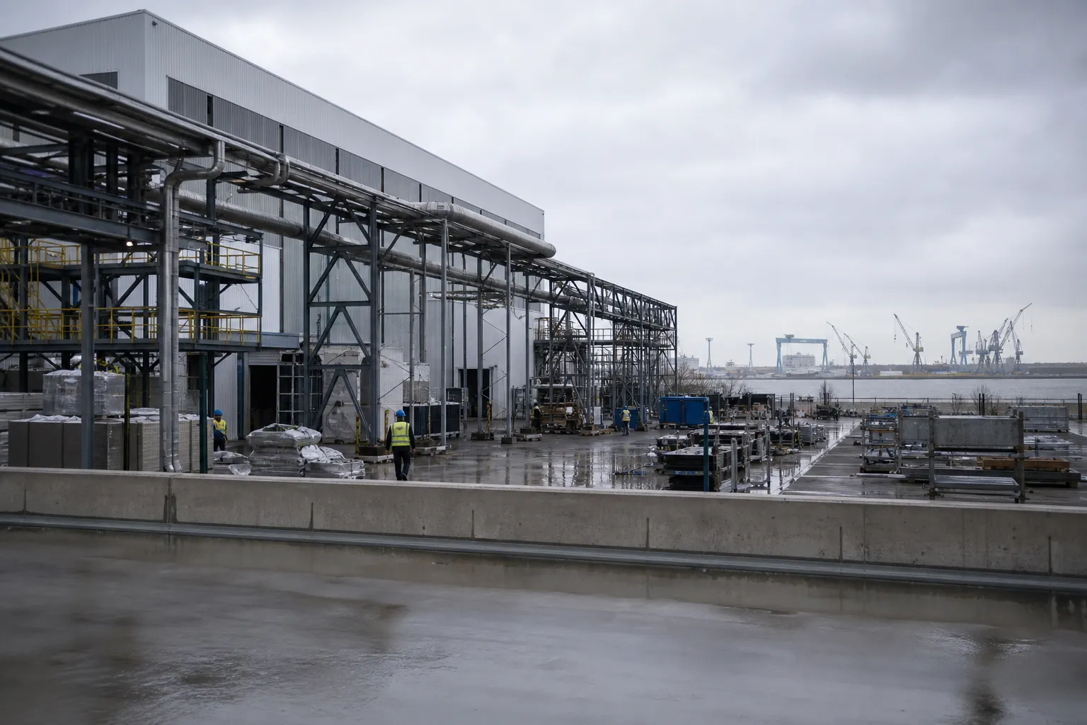Site industriel ligérien sous ciel couvert, avec production, pipe-racks et grues portuaires en arrière-plan