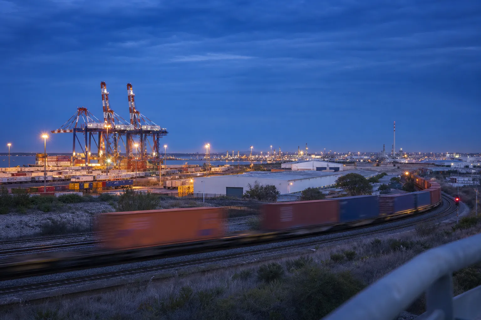 Train de fret et grues portuaires dans la zone logistique de Fos-sur-Mer
