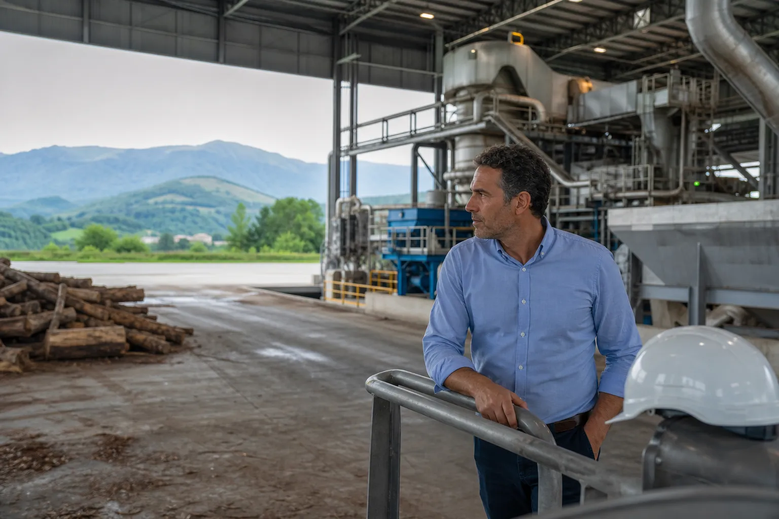 Manager de transition dans une usine papetière de Saint-Gaudens, avec les Pyrénées en arrière-plan