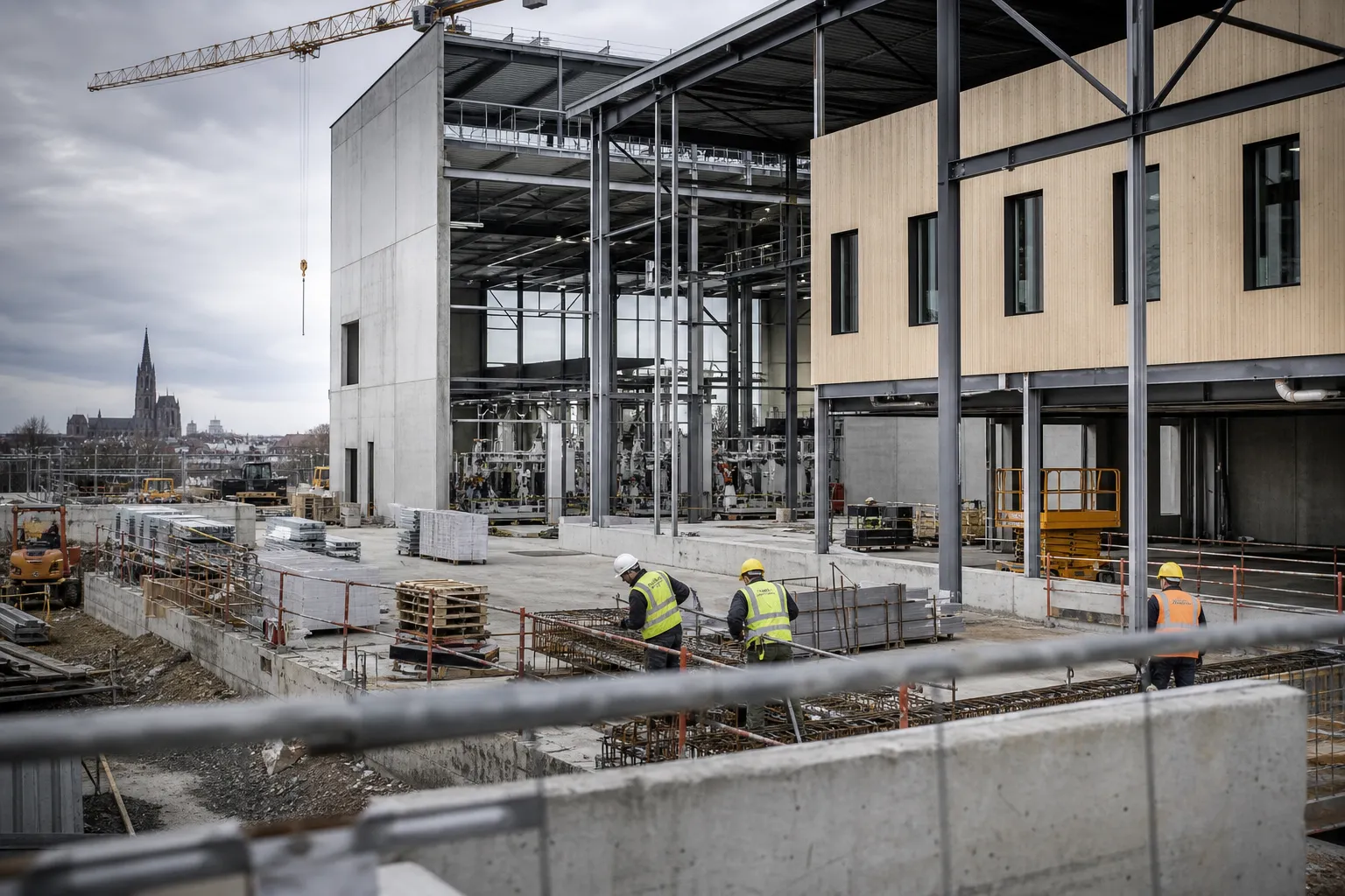 Chantier du futur bâtiment de R&D industrielle de Sidel à Mundolsheim, près de Strasbourg