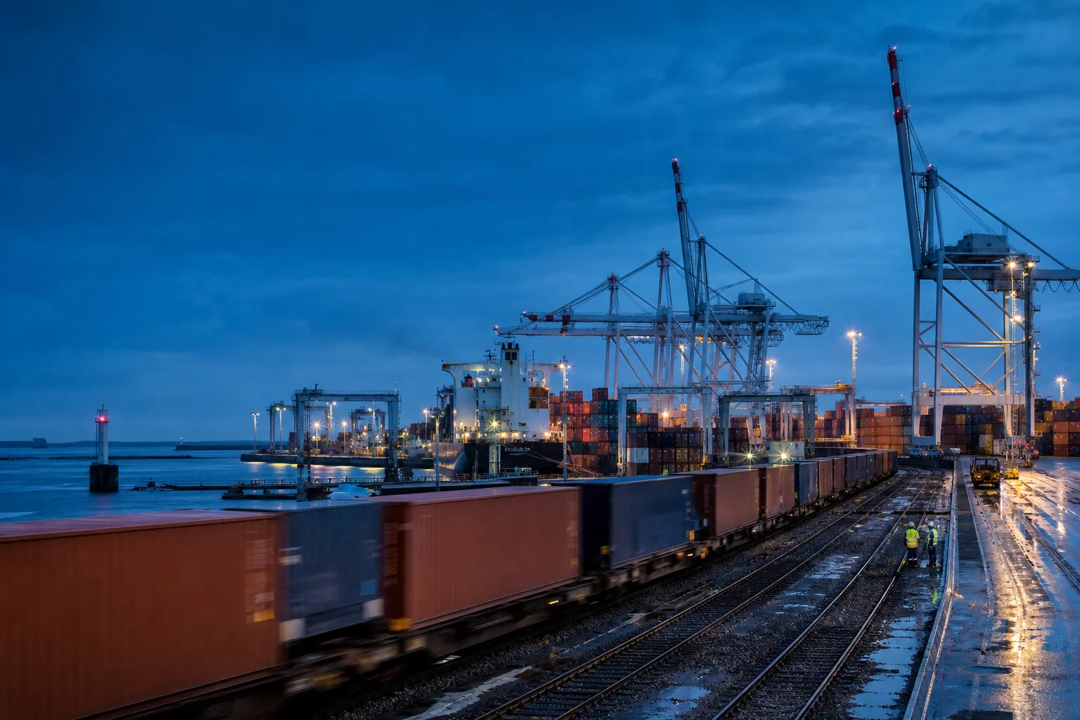 Port du Havre avec train de fret et grues à conteneurs au crépuscule