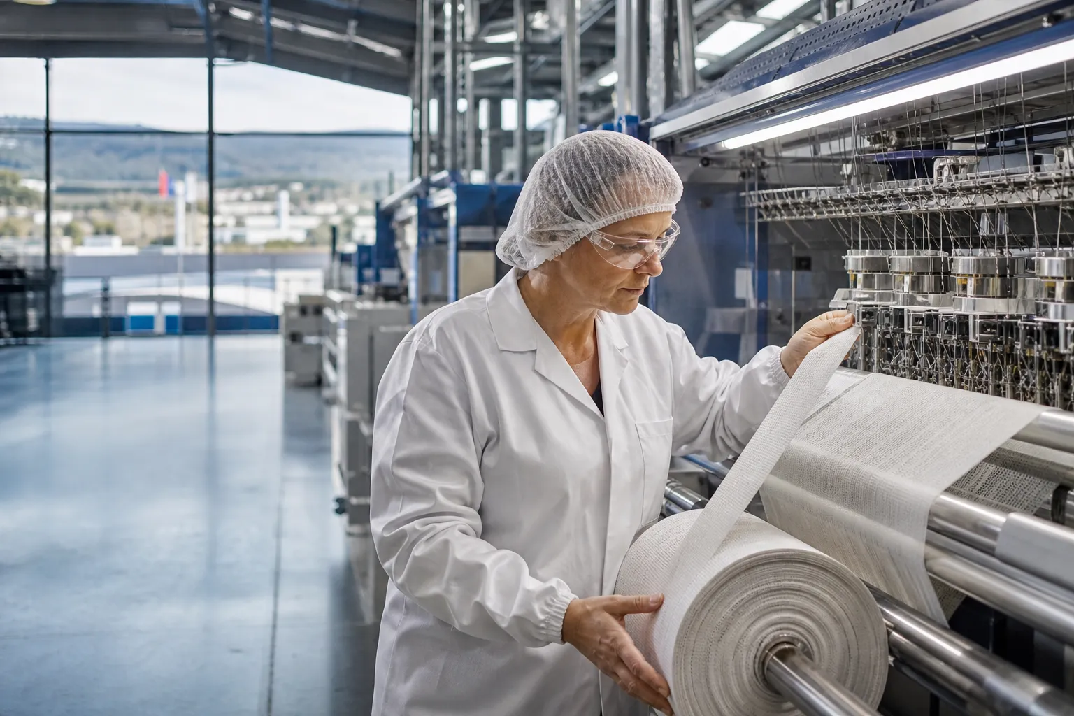 Technicienne contrôlant une ligne de textile médical dans une usine près de Saint-Étienne