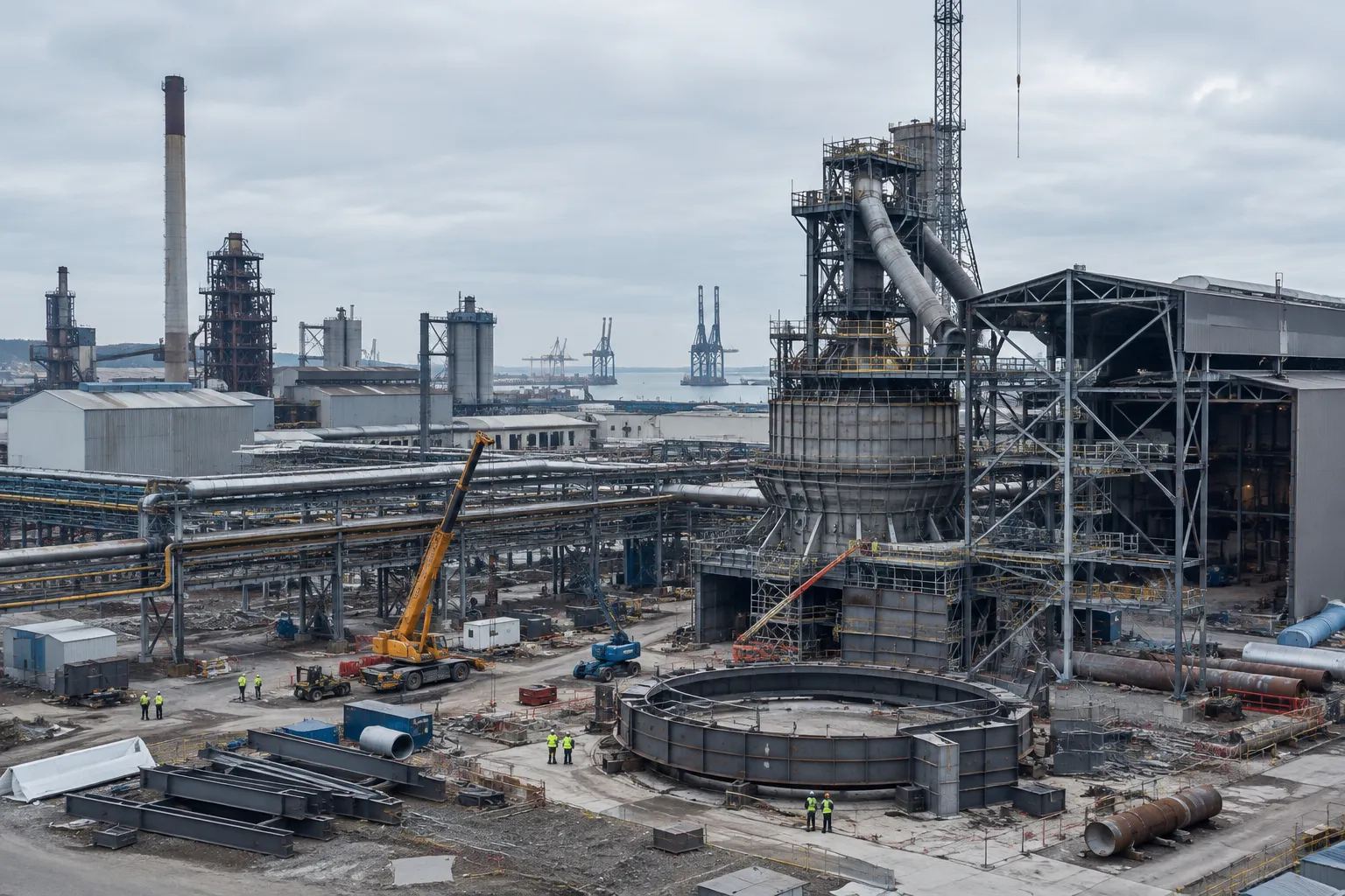Vue d’une aciérie en transformation près du port de Dunkerque, avec structures industrielles et chantier de four électrique.