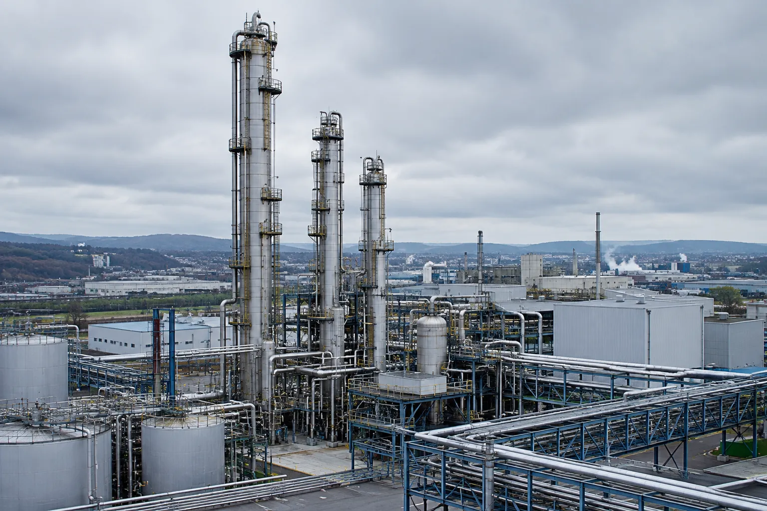 Colonnes de purification et réseaux de tuyauterie sur une plateforme chimique en Moselle
