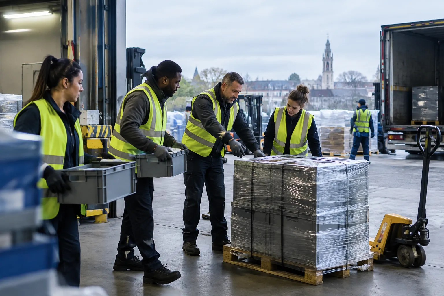 Équipe logistique accueillant une nouvelle recrue sur un quai près de Lille.