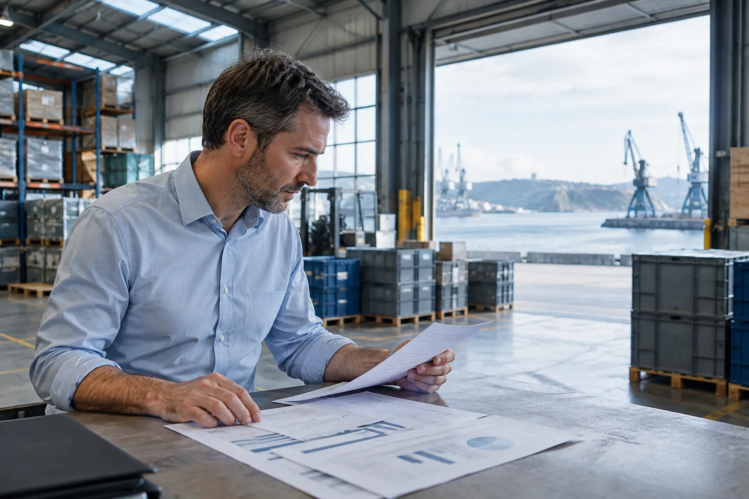 Un manager de transition examine des documents dans un site industriel près du port de Brest.