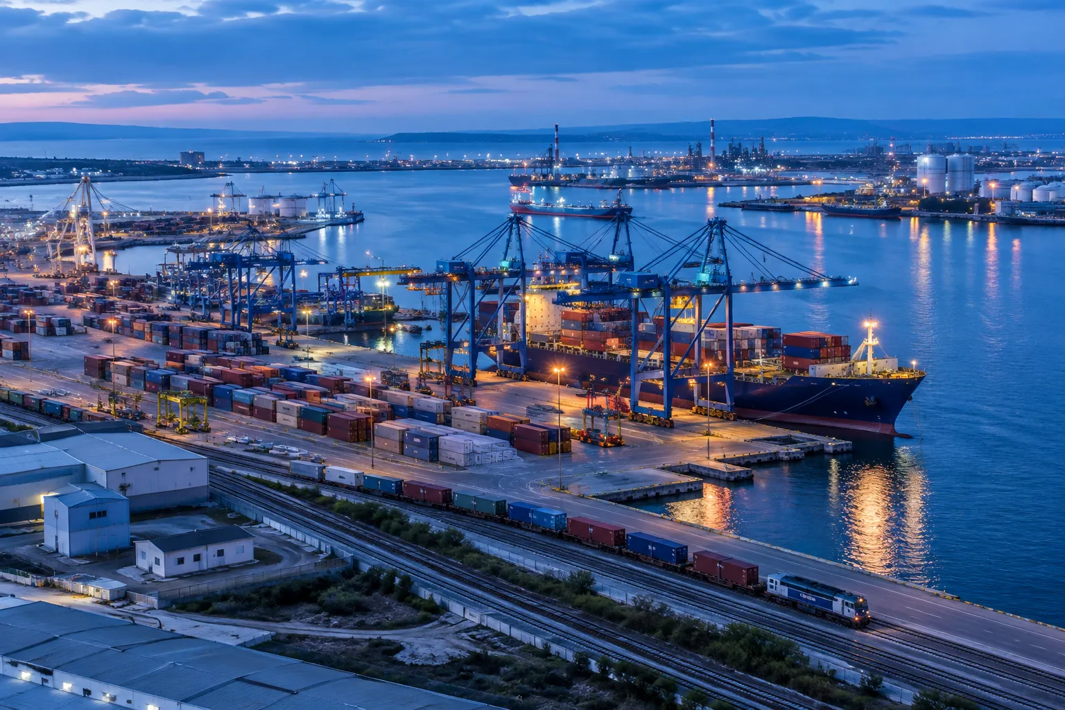 Vue aérienne d’un porte-conteneurs et de grues dans le port industriel de Fos-sur-Mer au crépuscule.