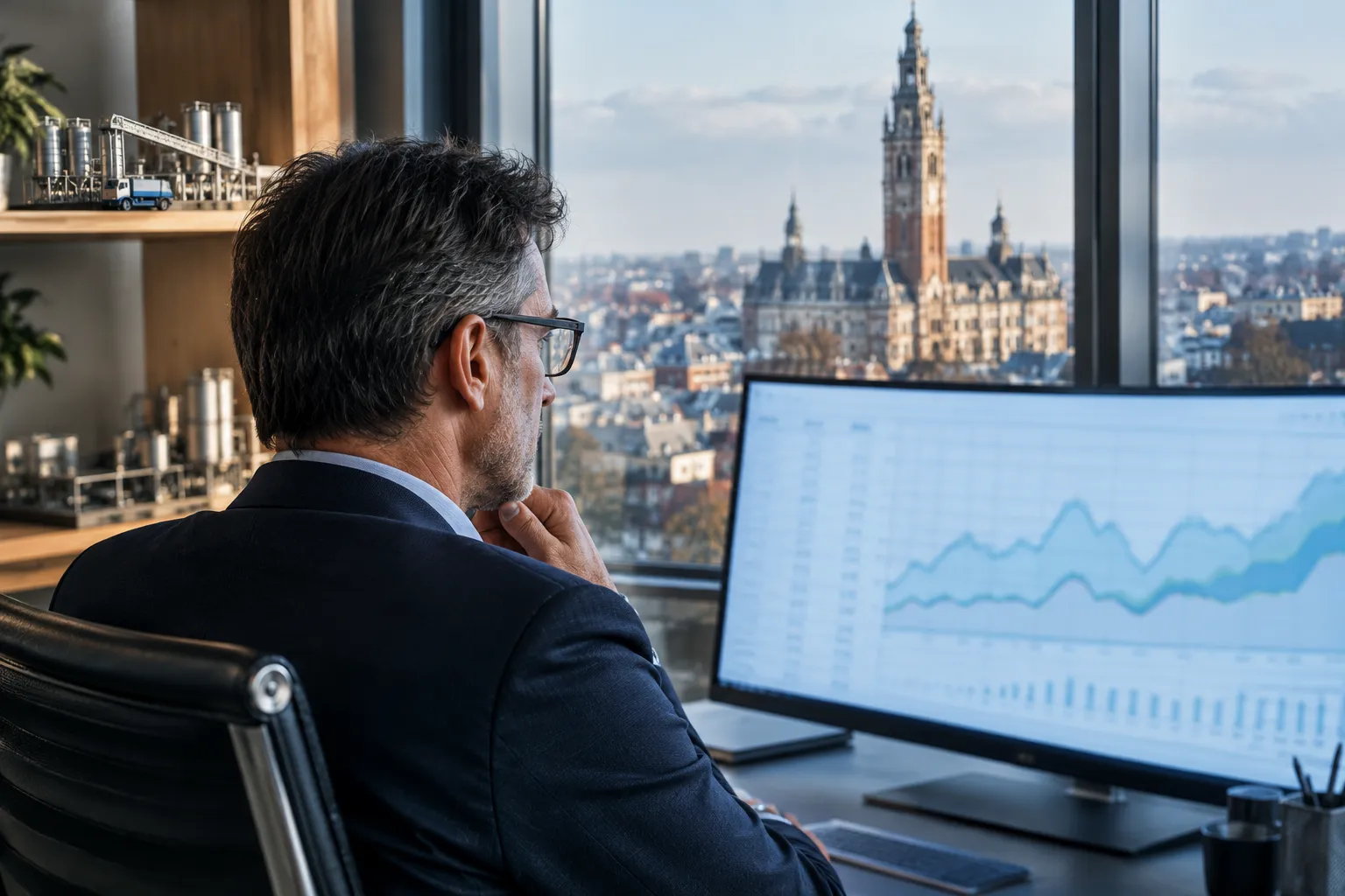 Un DAF analyse des graphiques financiers dans un bureau lillois, le beffroi visible derrière lui.