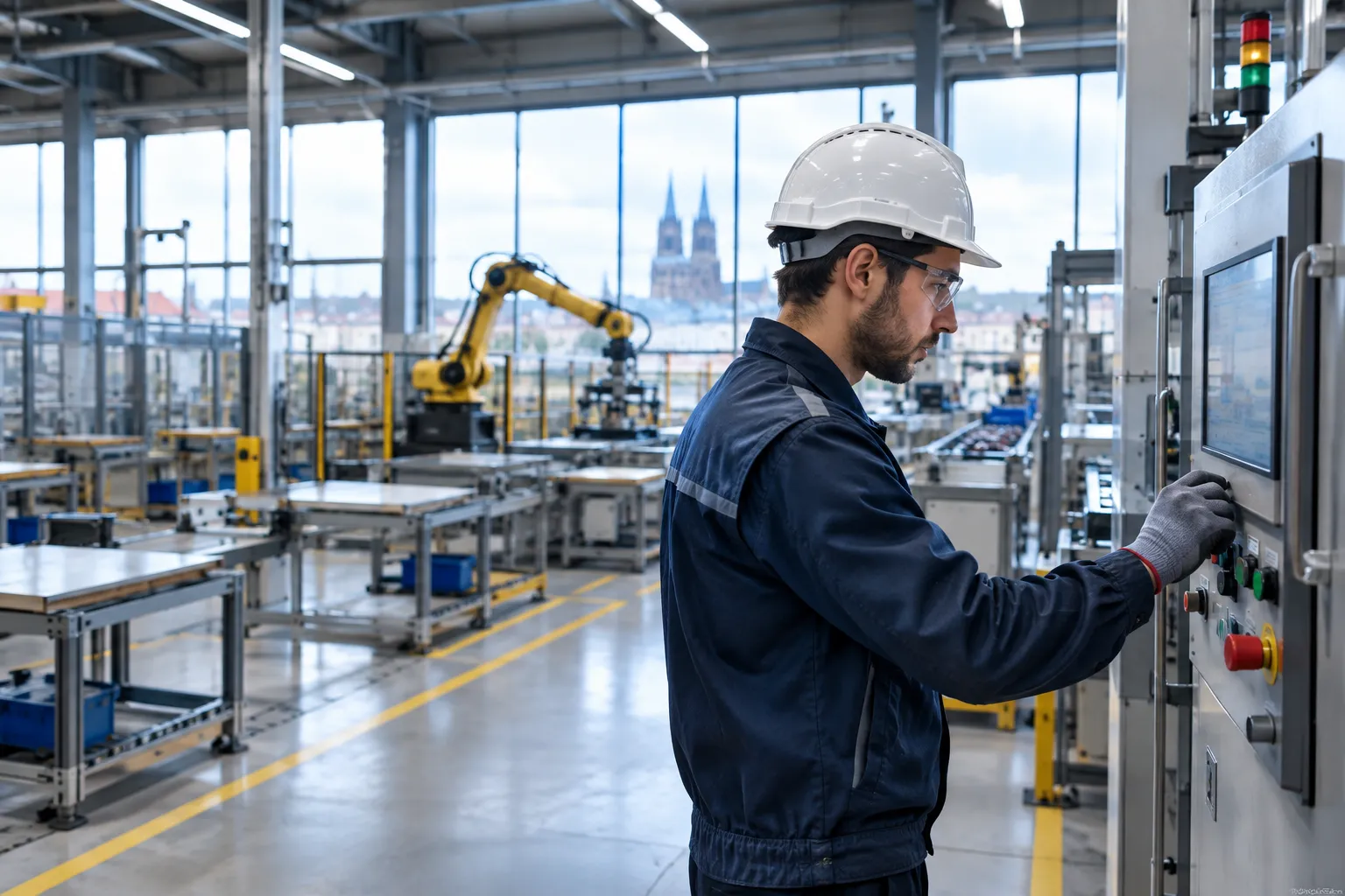 Technicien en usine devant une ligne peu occupée, avec la cathédrale d’Orléans au loin