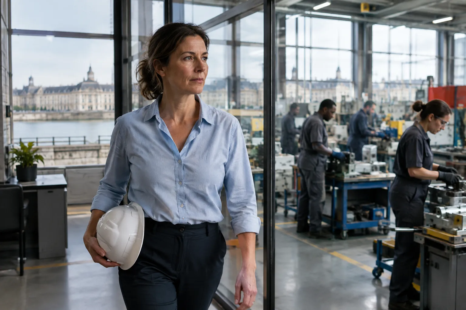 Une DRH de transition observe des salariés à l’œuvre dans un atelier bordelais.