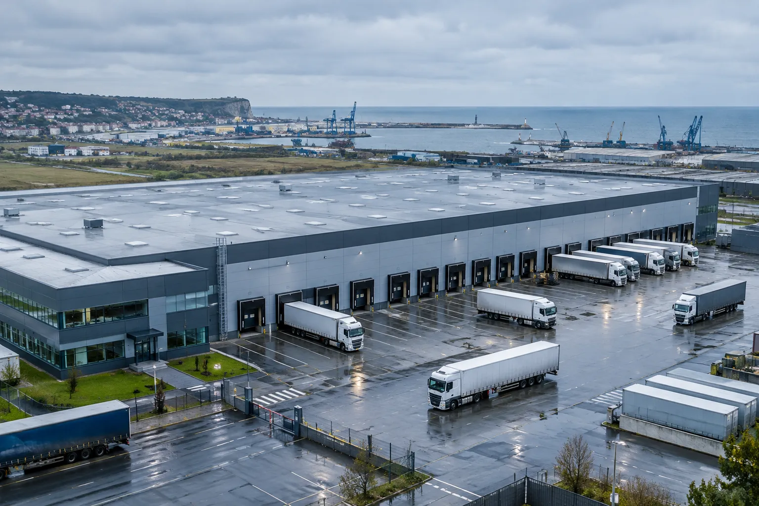 Entrepôt logistique automobile et camions près du port de Dieppe, en Normandie