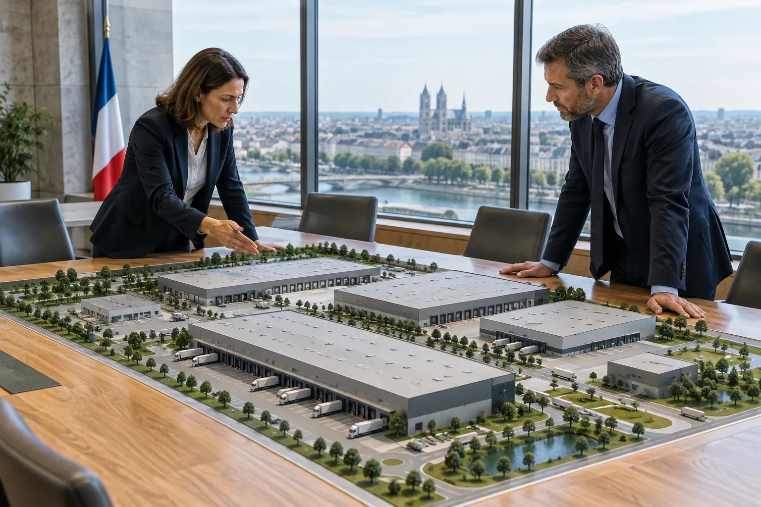 Deux dirigeants examinent une maquette d’entrepôts logistiques, avec la cathédrale d’Orléans au loin.
