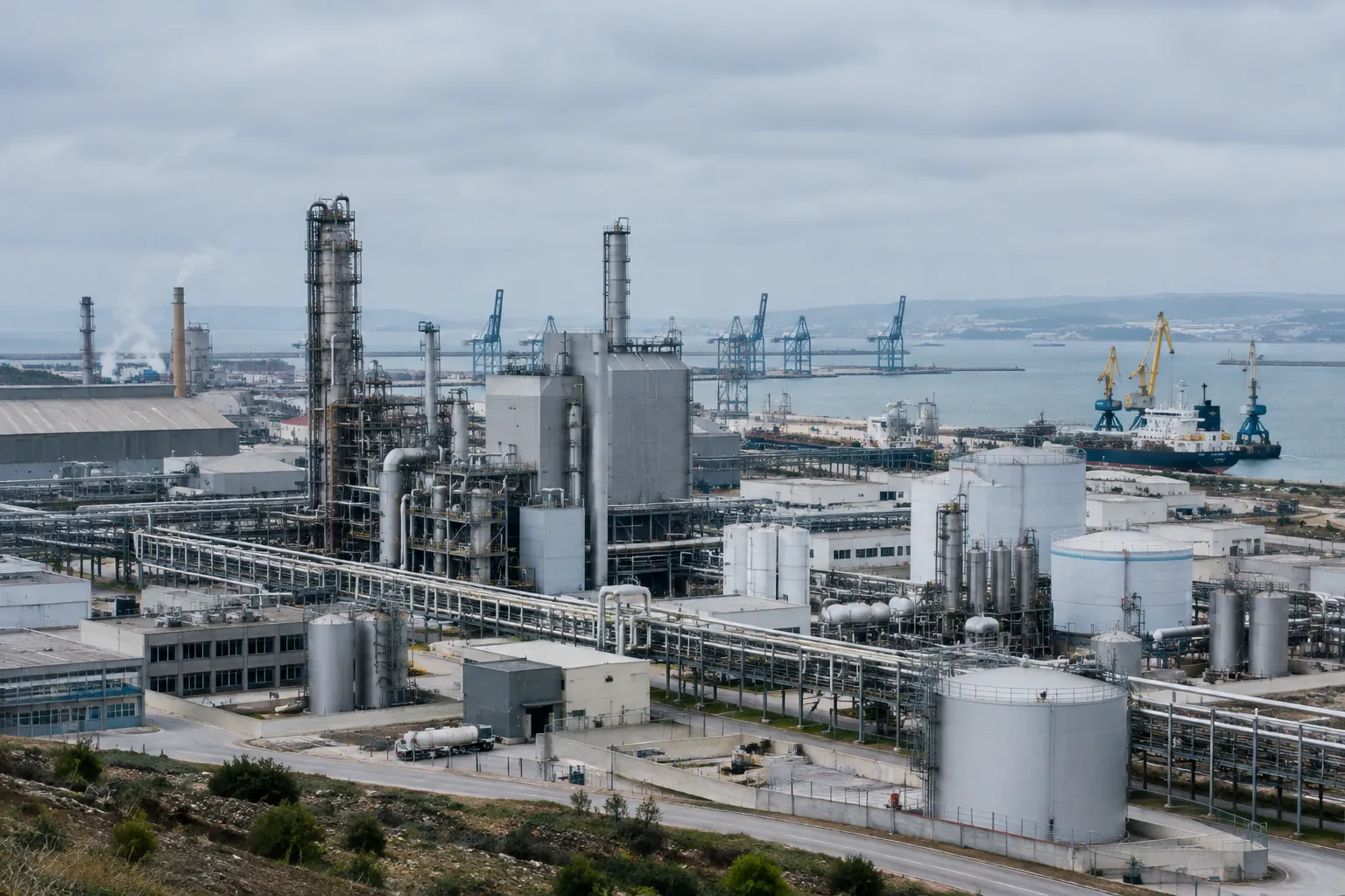 industrie-bas-carbone-fos-sur-mer-header Vue d’un site industriel bas carbone et de ses infrastructures portuaires à Fos-sur-Mer.