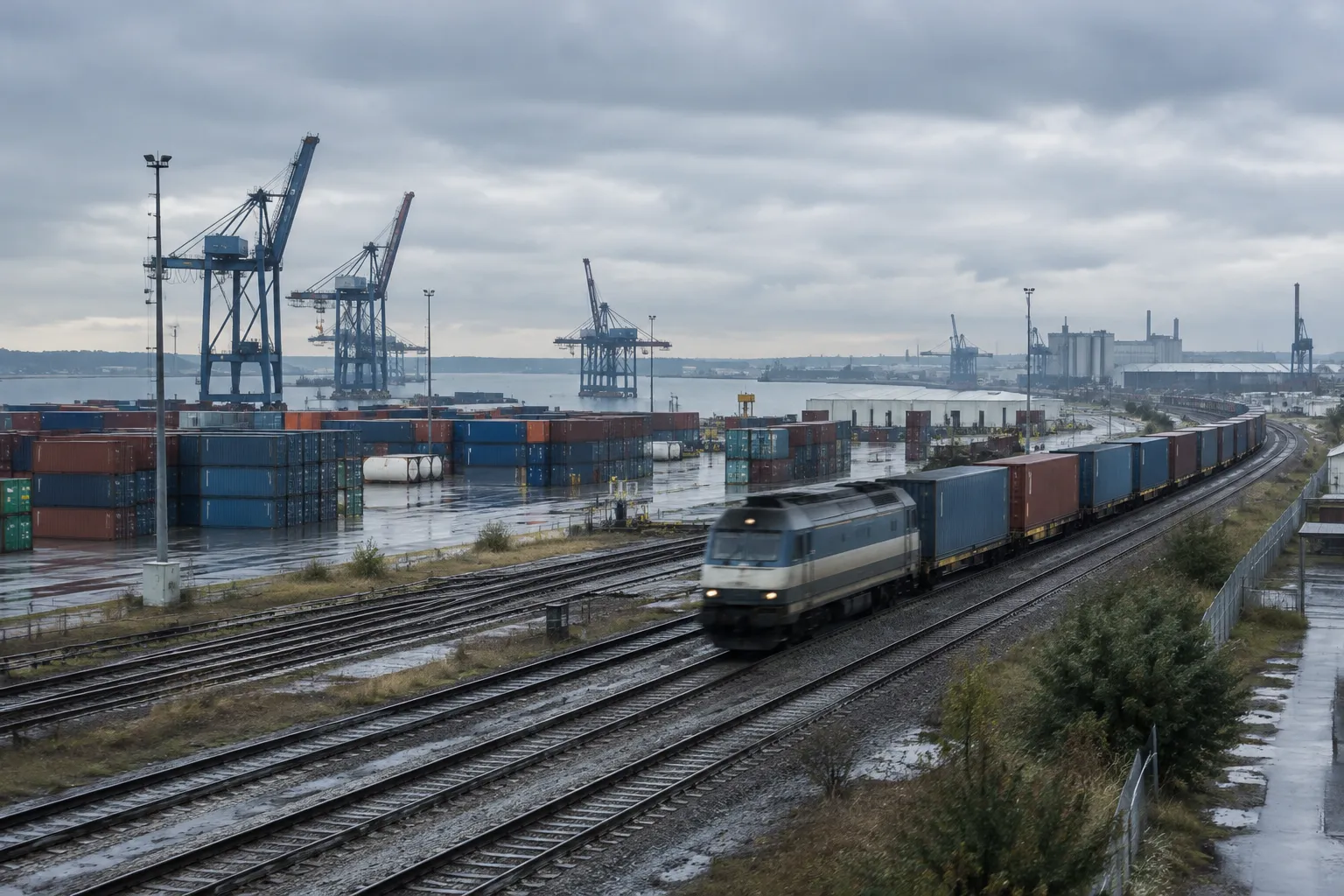Train de fret dans une zone portuaire industrielle normande, entre rails, conteneurs et grues