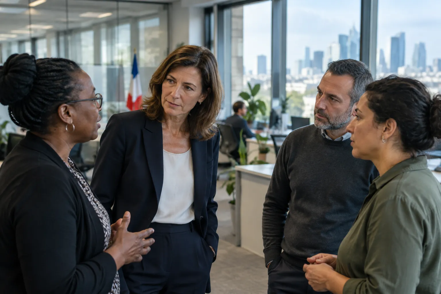 Une DRH écoute des agents dans un bureau administratif francilien, avec La Défense au loin.