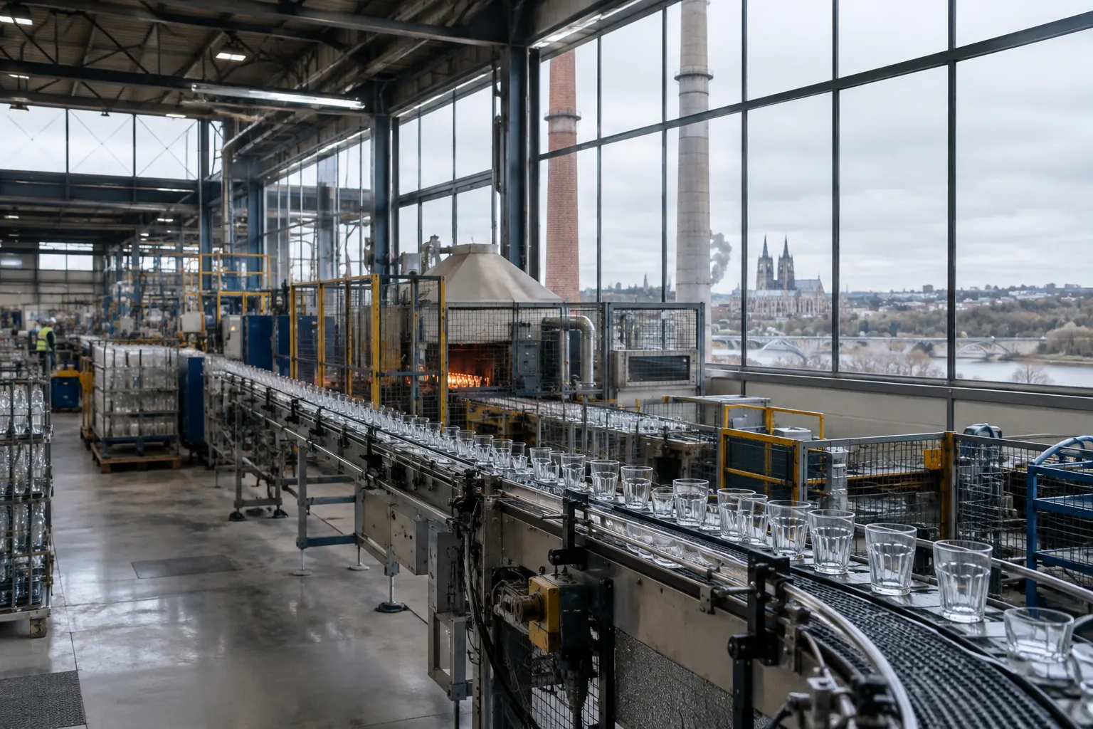Usine verrière en activité dans le Loiret, avec une ligne de verres et Orléans en arrière-plan