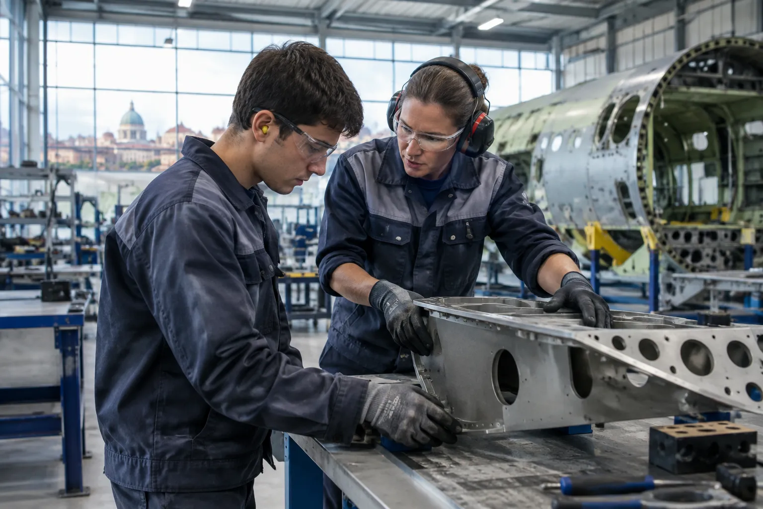 Deux techniciens échangent un geste de prévention dans un atelier aéronautique près de Toulouse.