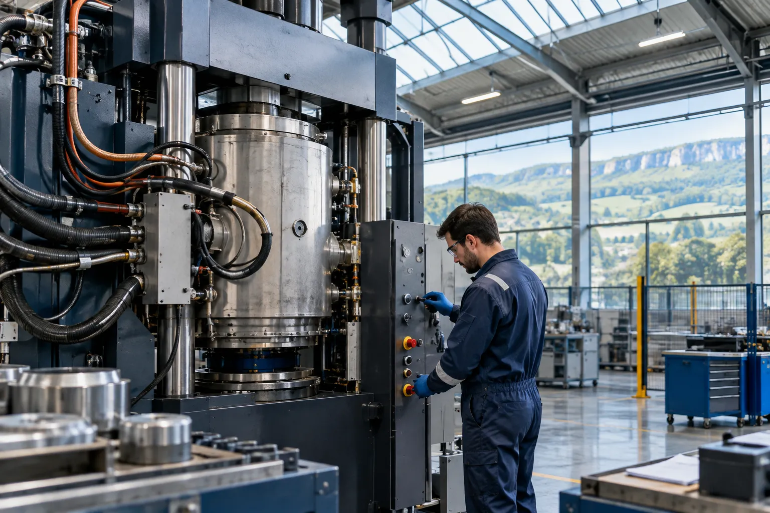 Technicien réglant une presse de frittage flash dans un atelier industriel de l’Auxois