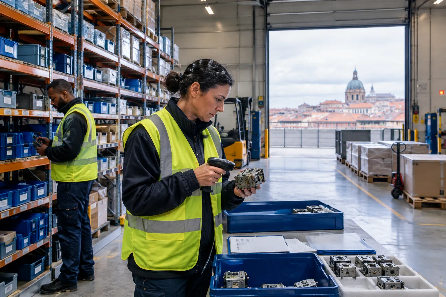 Une opératrice inventorie une pièce de navigation aérienne dans un entrepôt logistique toulousain