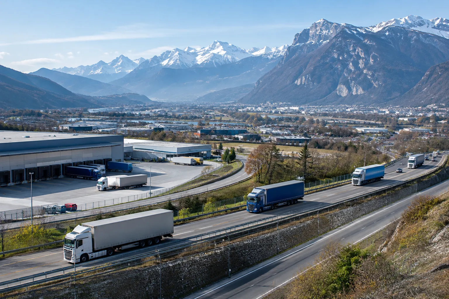 transport-routier-auvergne-rhone-alpes-header Camions de fret circulant dans une vallée industrielle des Alpes, en Auvergne-Rhône-Alpes