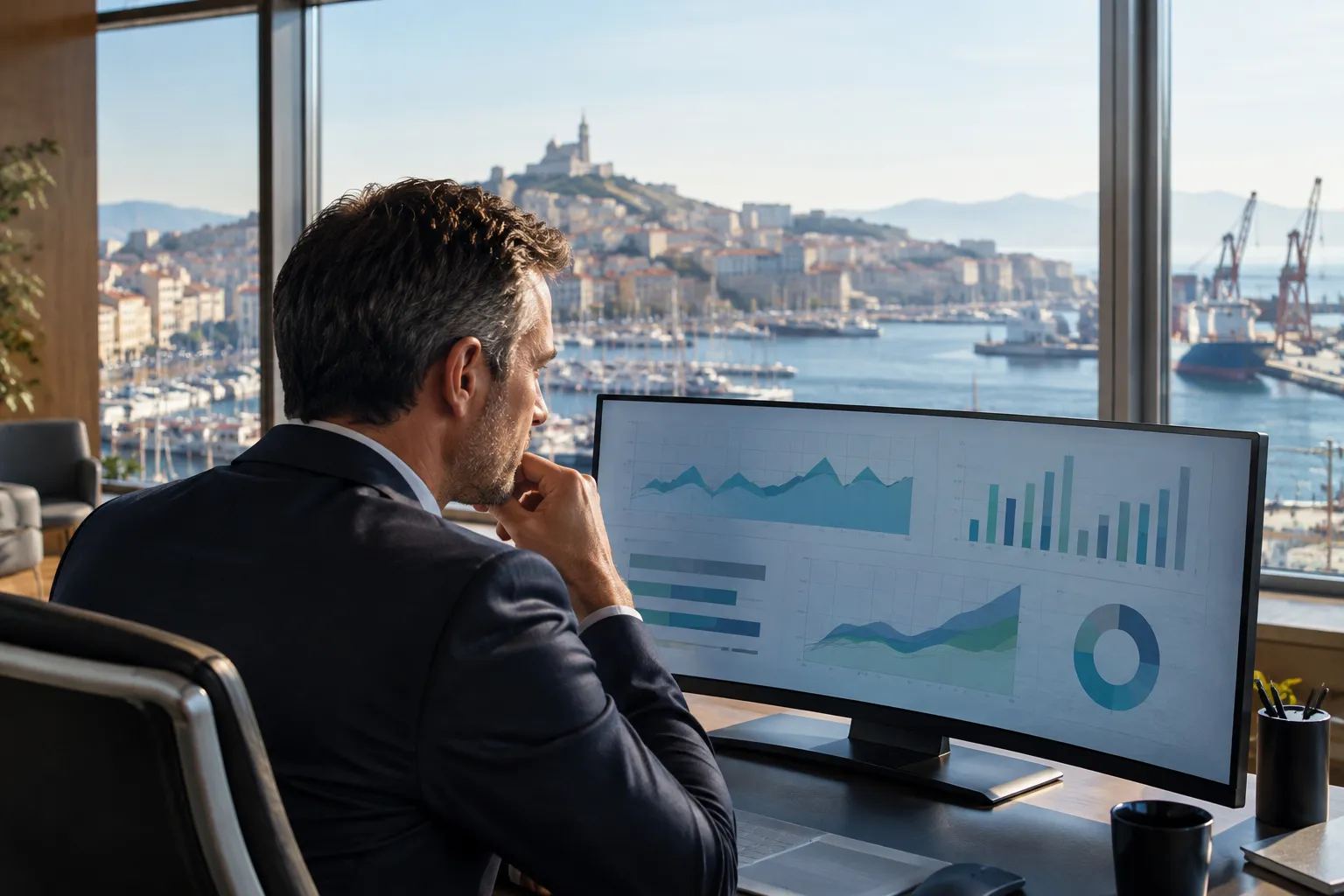 Un directeur financier suit des graphiques abstraits face au Vieux-Port de Marseille.